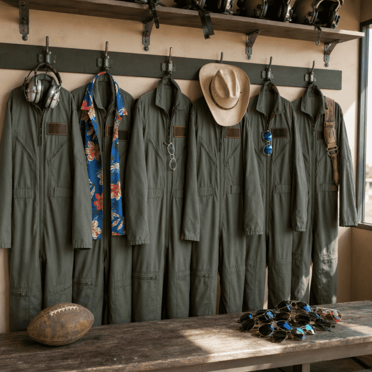 Six flight suits with six name tags cover the whole strike team.