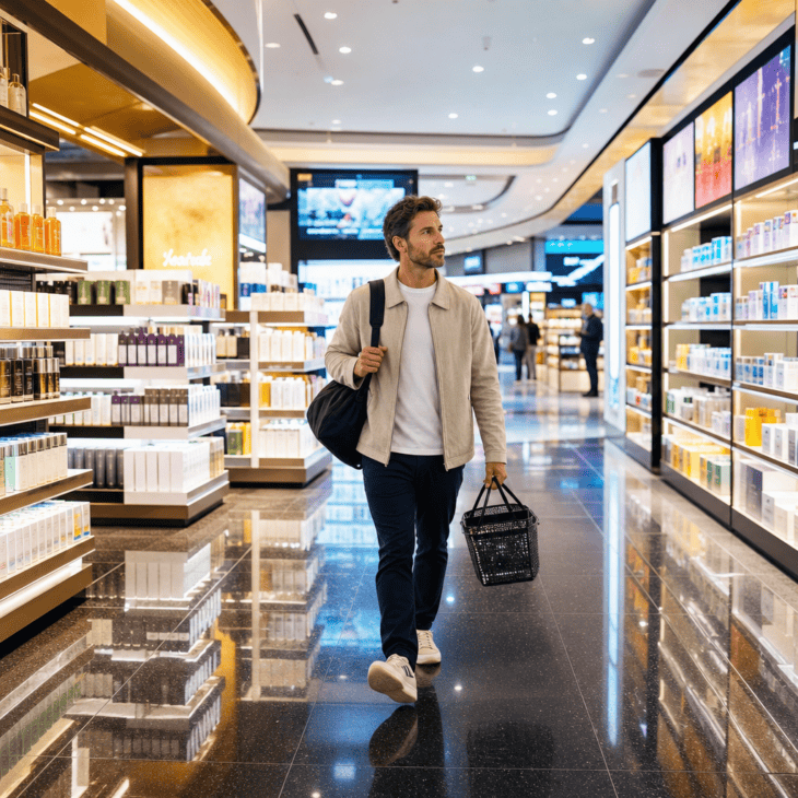 The bright color walls of a terminal shop make a lively backdrop for a browsing shot.
