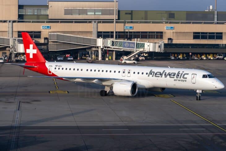 Helvetic Airways Embraer E195-E2 HB-AZJ arriving at its stand at Zurich Airport