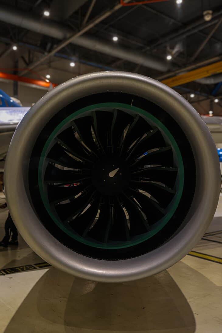 Close-up of the Pratt and Whitney PW1900G geared turbofan engine on KLM Cityhopper Embraer E195-E2 PH-NXU