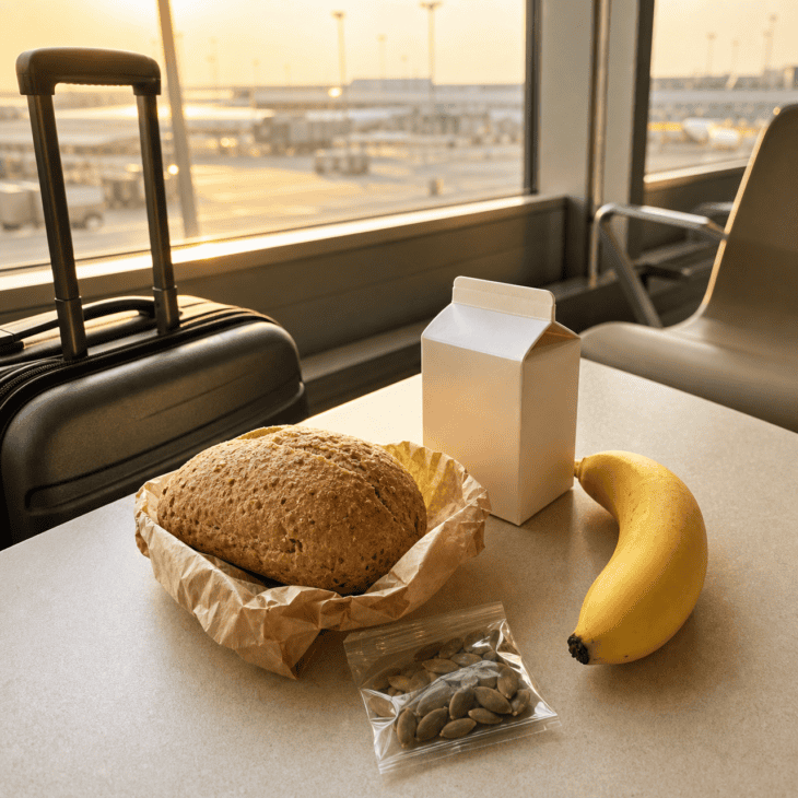 A roll, banana, milk, and seeds can become a credible breakfast when only the kiosk is open.