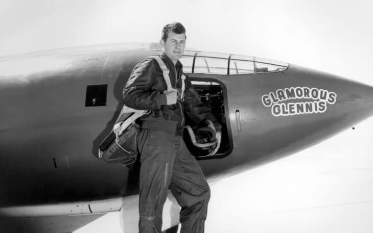 Chuck Yeager standing at the cockpit door of the Bell X-1 Glamorous Glennis
