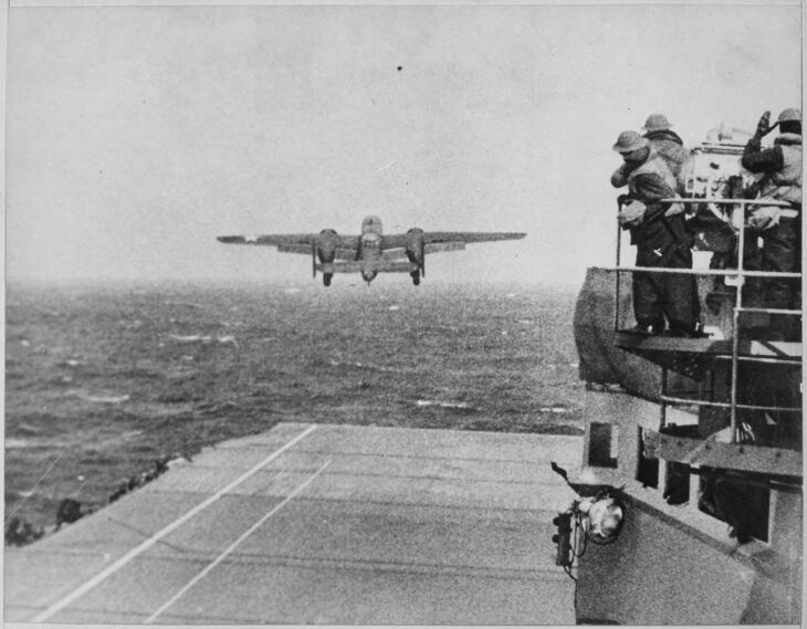 A B-25 bomber taking off from the deck of USS Hornet during the Doolittle Raid