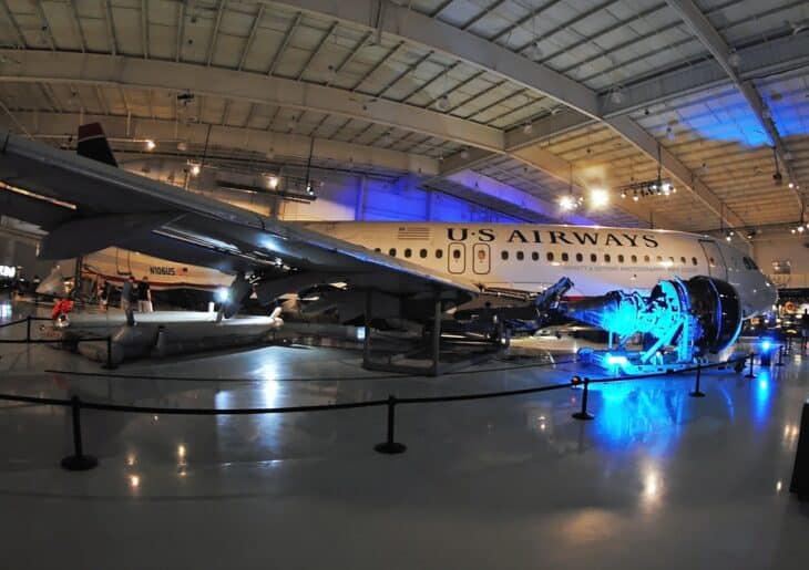 US Airways Airbus A320 N106US, the flight 1549 aircraft, displayed in a museum hangar
