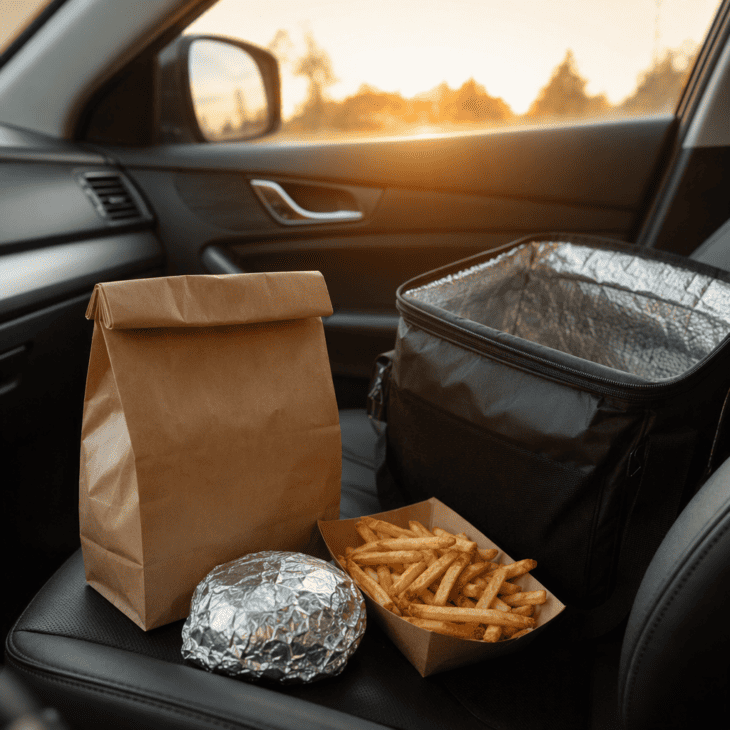 His favorite takeout waiting in the car turns the drive home into a small celebration.