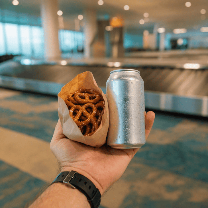 A cold drink and his go-to snack are exactly what most travelers want after a flight.