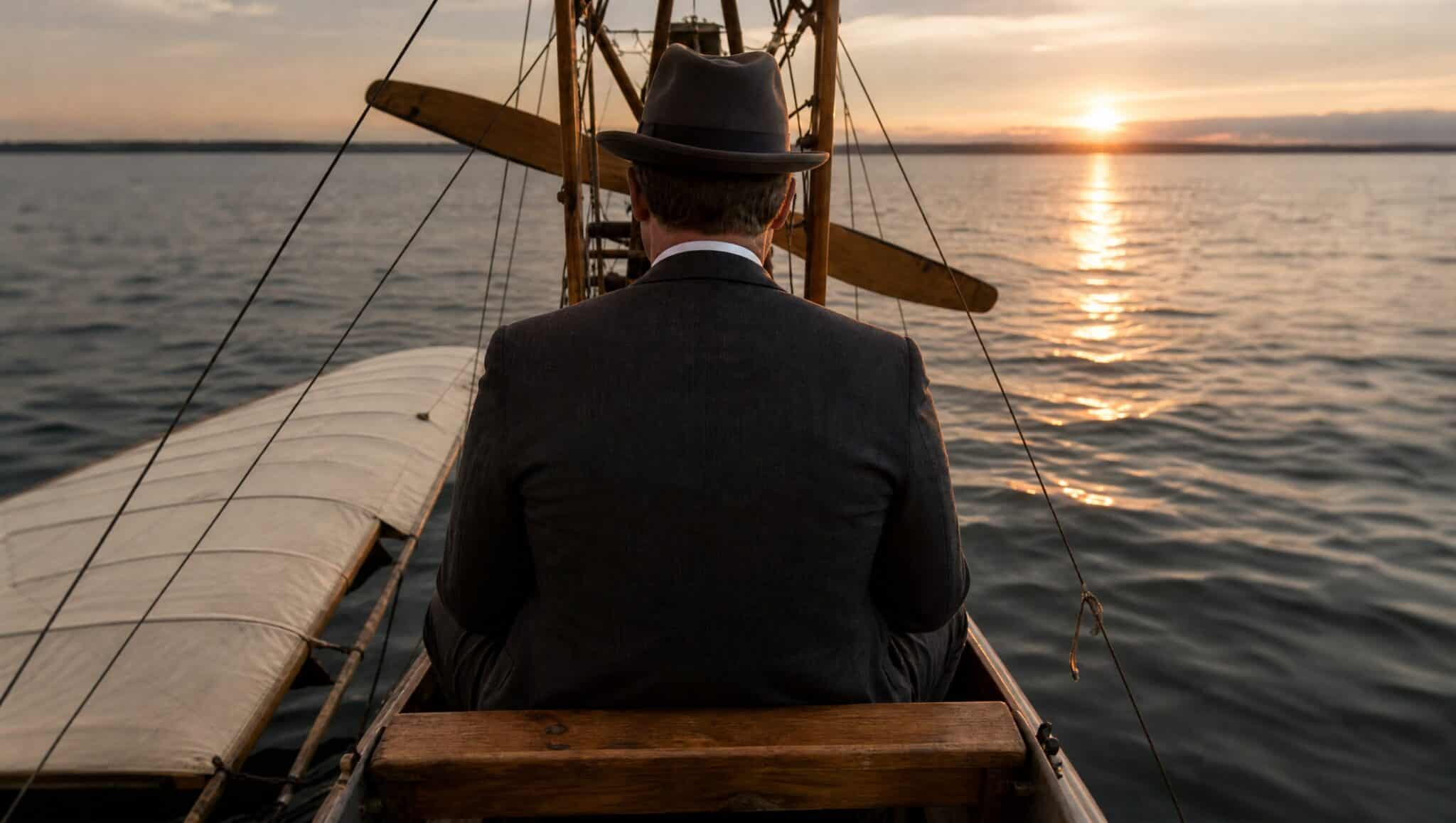 A period-dressed passenger seated in the open hull of an early wooden flying boat over calm water at sunrise