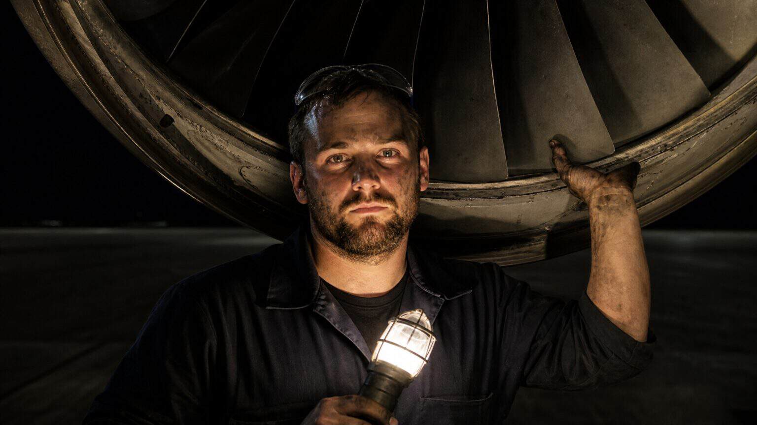 An aircraft maintenance technician holding a work light beneath the fan of a jet engine at night