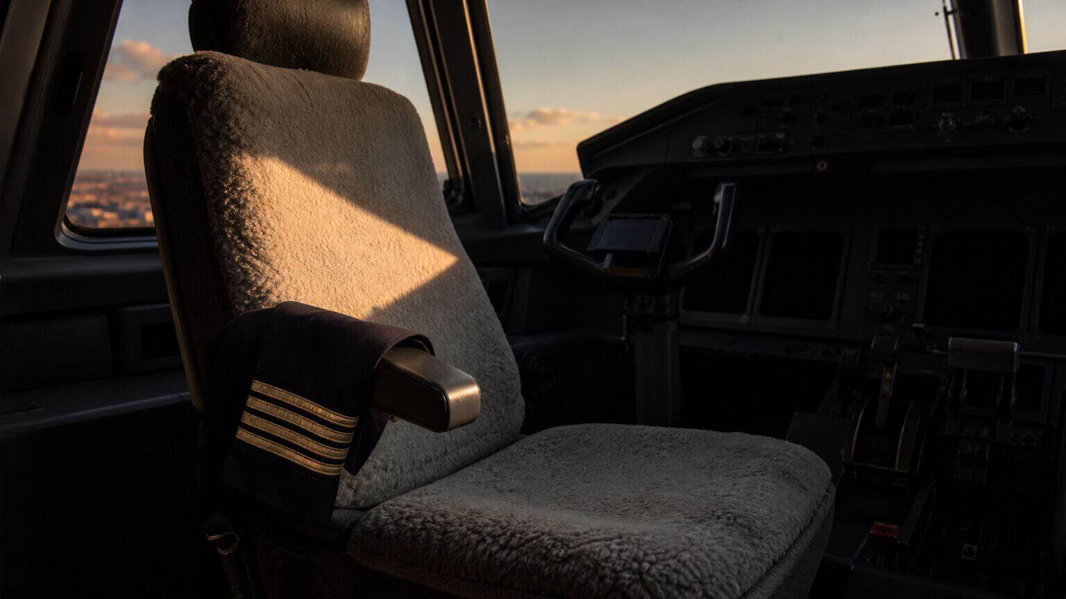 An empty captain's seat in an airliner cockpit at dusk with a four-stripe captain's jacket folded over the armrest