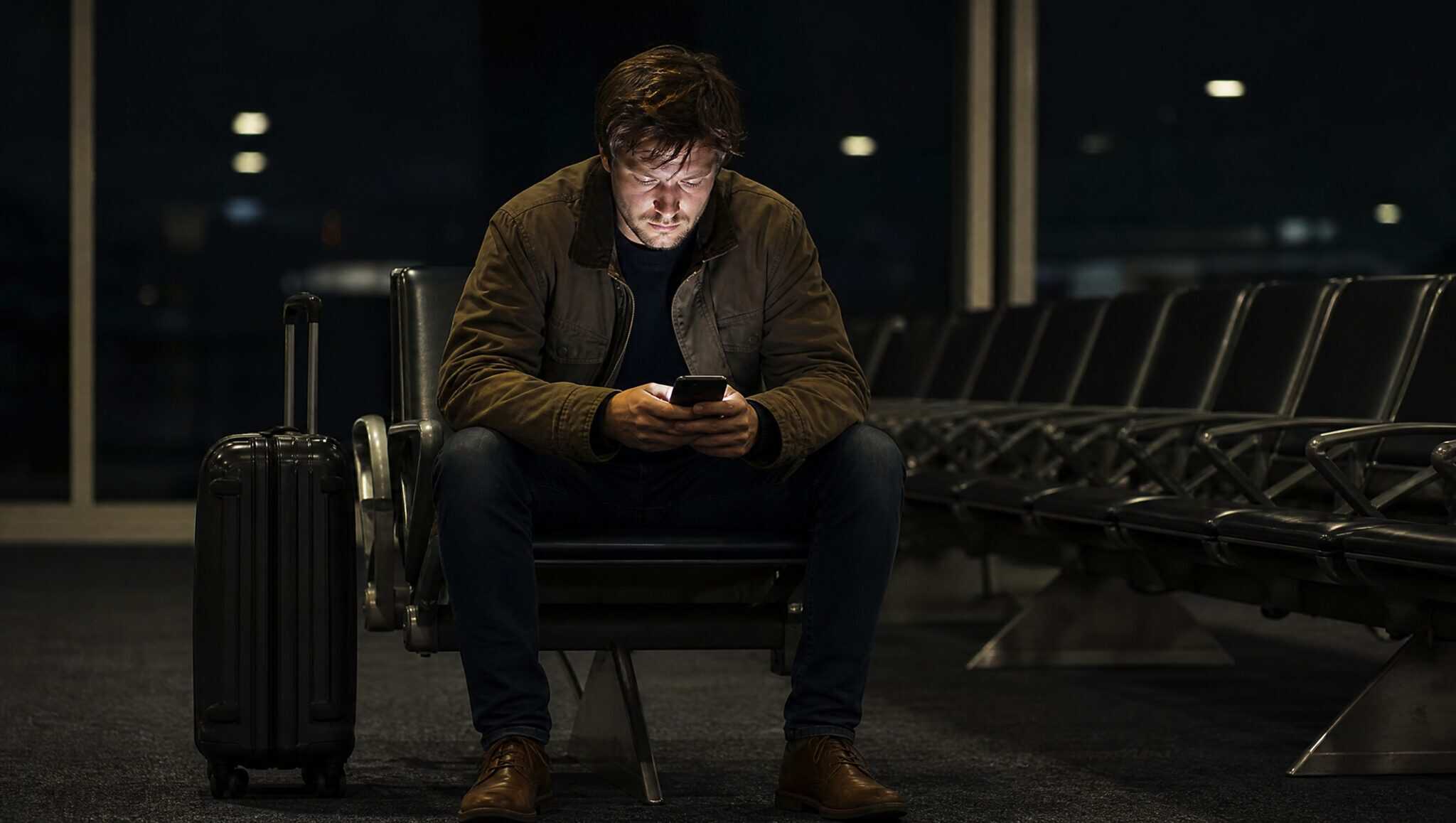 A lone traveller sits in a dark, empty airport gate area at night reading a flight cancellation notice on their phone
