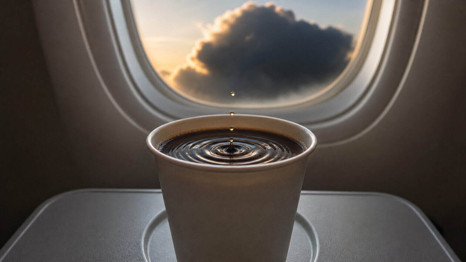 A paper cup of black coffee rippling on an airliner tray table, with a dark storm cloud outside the cabin window