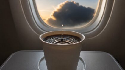 A paper cup of black coffee rippling on an airliner tray table, with a dark storm cloud outside the cabin window