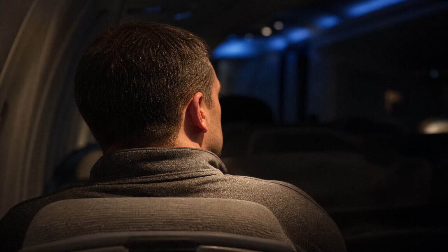 An anonymous passenger seen from behind in an aisle seat of a darkened airliner cabin, lit by a single reading light
