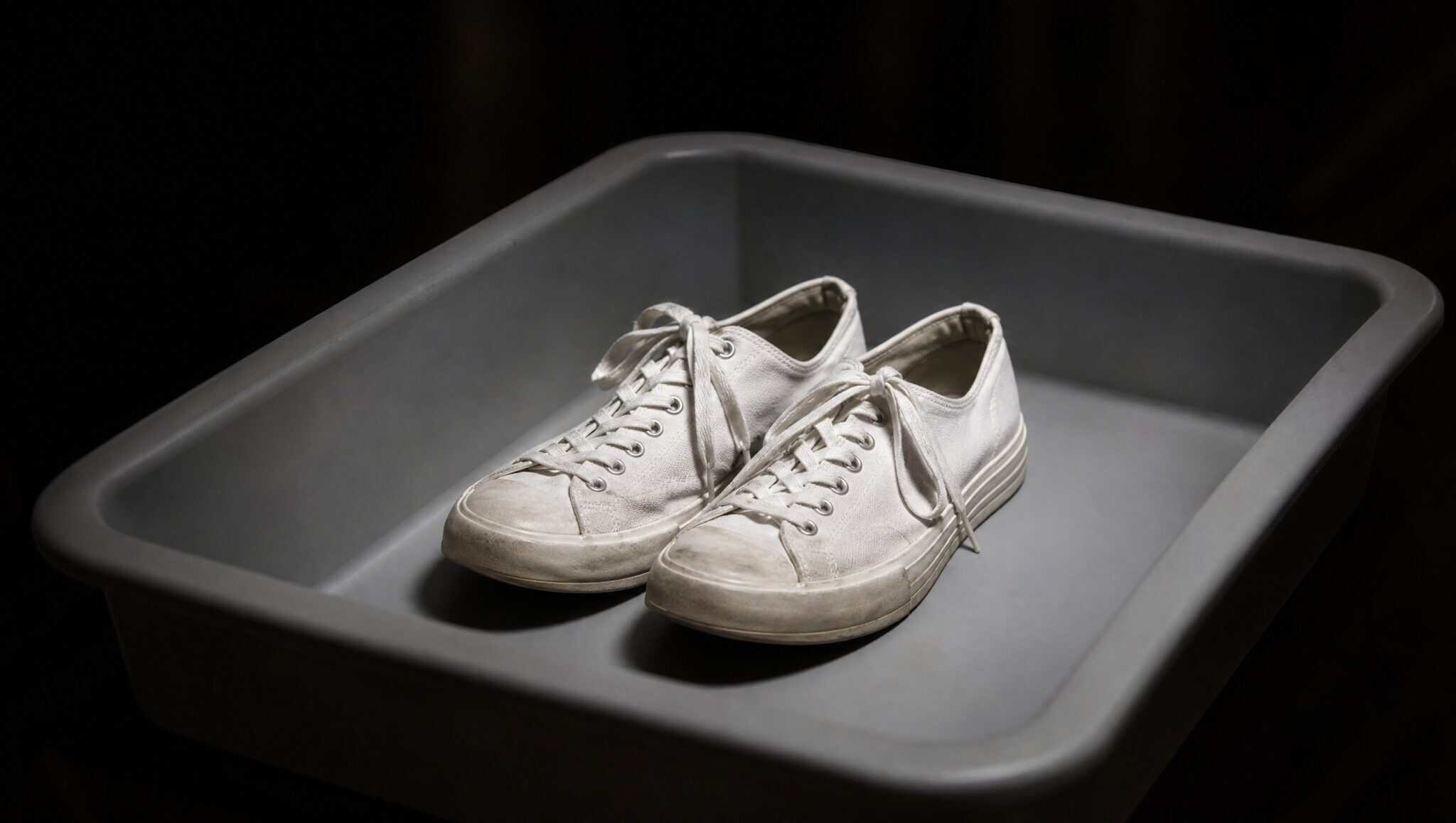 A pair of worn white canvas sneakers sitting in an empty grey airport security screening bin