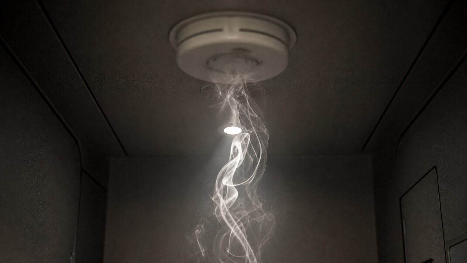 White vapor curling up toward a round smoke detector on the ceiling of a dark airliner lavatory