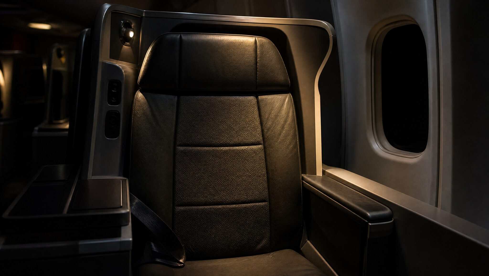 An empty business class suite seat lit by a single reading light in a darkened widebody cabin at night