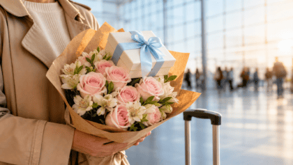 Greeter holding a hand-tied bouquet of pink roses and a small gift box in a bright airport arrivals hall