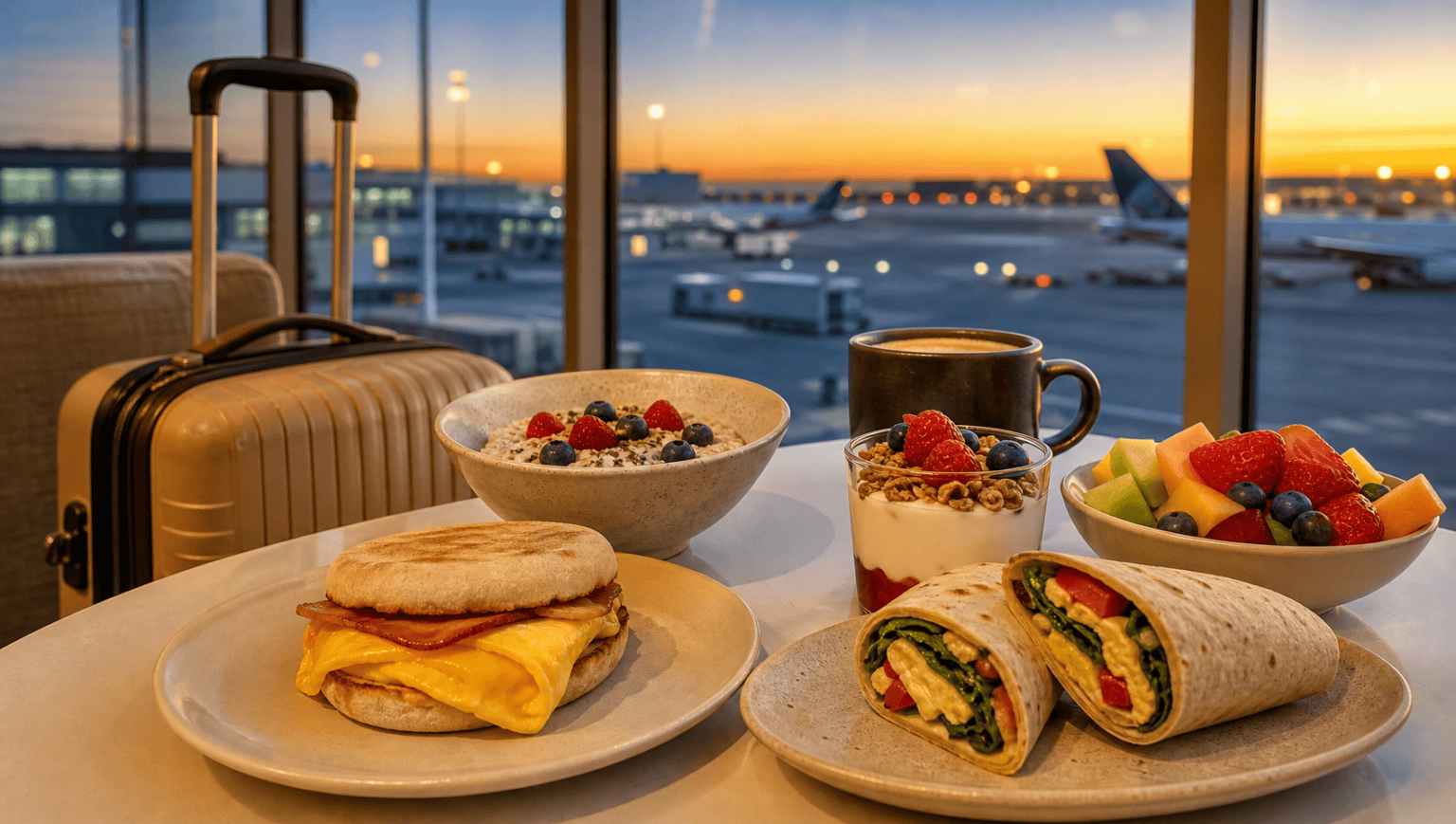 An early-flight breakfast spread with an egg sandwich, oatmeal, yogurt, fruit, a breakfast wrap, and coffee on an airport lounge table