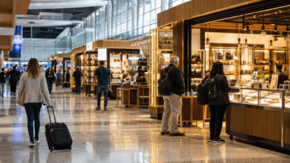 Bright airport concourse lined with small independent kiosks and shops
