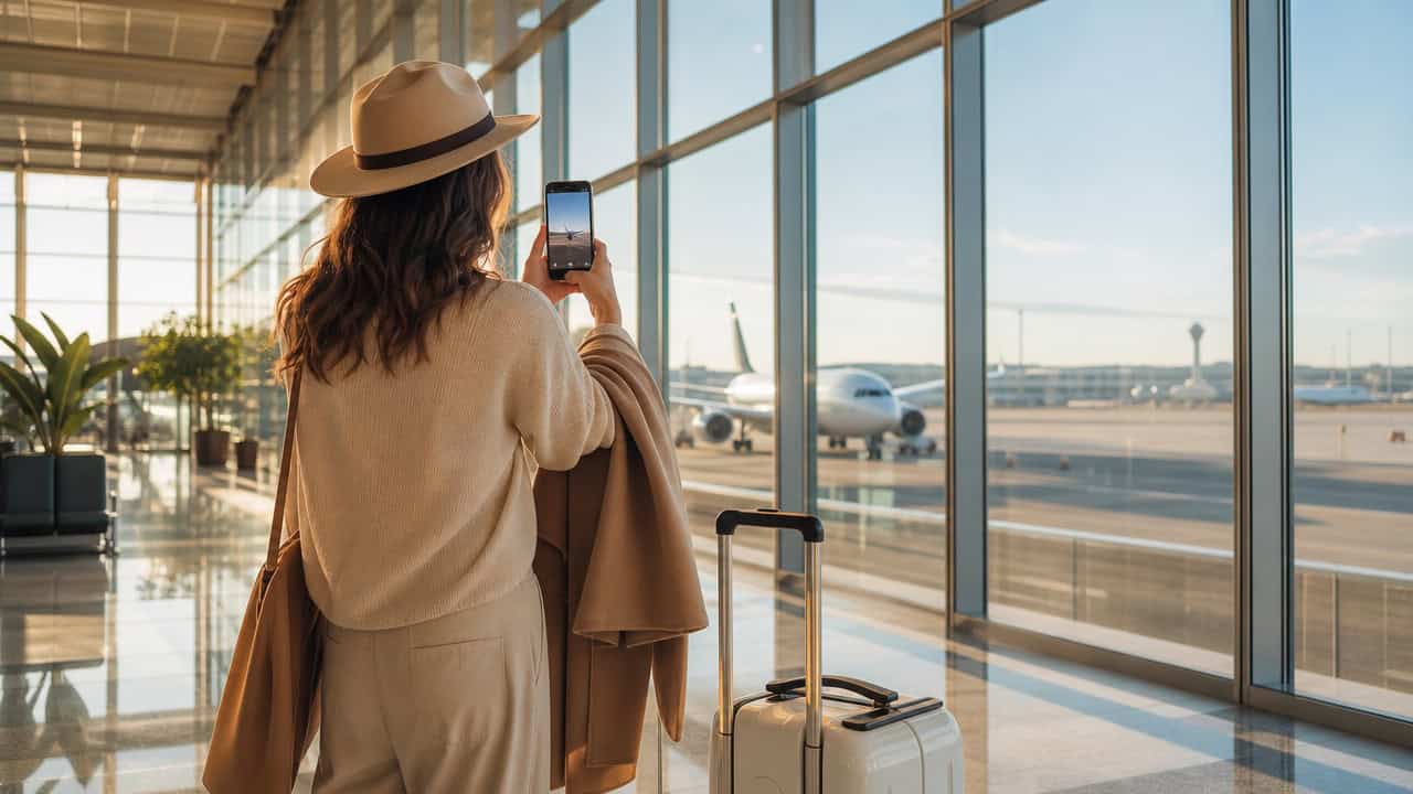 Traveler filming an airplane through an airport terminal window before a flight