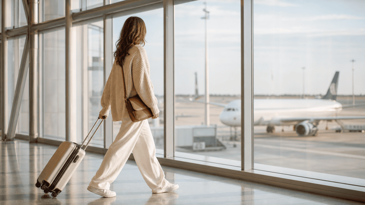 Traveler in a cream sweater and wide-leg trousers walking through a bright airport terminal with an aircraft visible outside