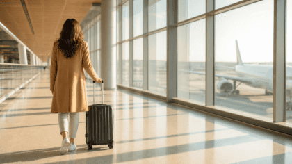 Traveler seen from behind walking through a bright airport terminal pulling a carry-on toward the gate