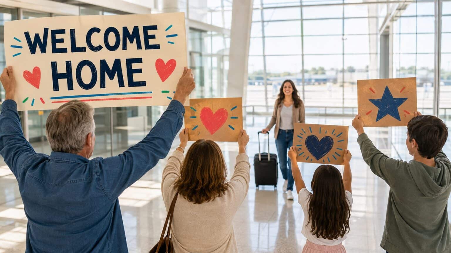 Family holding handmade airport welcome signs as a traveler walks into the arrivals hall