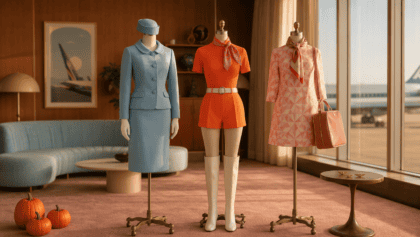 Three retro flight attendant costumes on dress forms in a vintage airport lounge: a sky blue 1960s skirt suit, an orange 1970s hot pants outfit and a pink print mod dress