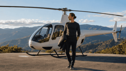 A traveler in a fitted charcoal long-sleeve top and dark trousers standing beside a small white tour helicopter on a sunlit mountain landing pad