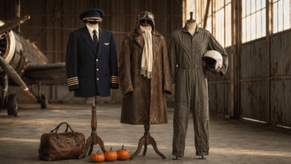Airline captain uniform, 1930s leather flying coat and sage green flight suit on dress forms in a vintage hangar with pumpkins