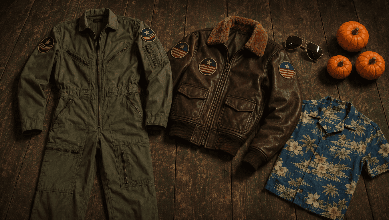 Flat lay of a sage green flight suit, a patched brown leather flight jacket with fur collar, gold aviator sunglasses, a blue Hawaiian shirt and small pumpkins on a dark wooden floor