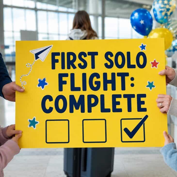 A checklist-style sign turns a first independent flight into a milestone worth recording.