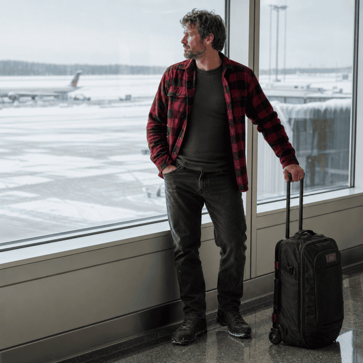 A flannel layered over a fitted thermal handles a cold-climate airport without a bulky coat.