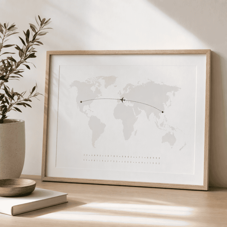 A route map print turns the flight home into a keepsake for the desk or wall.
