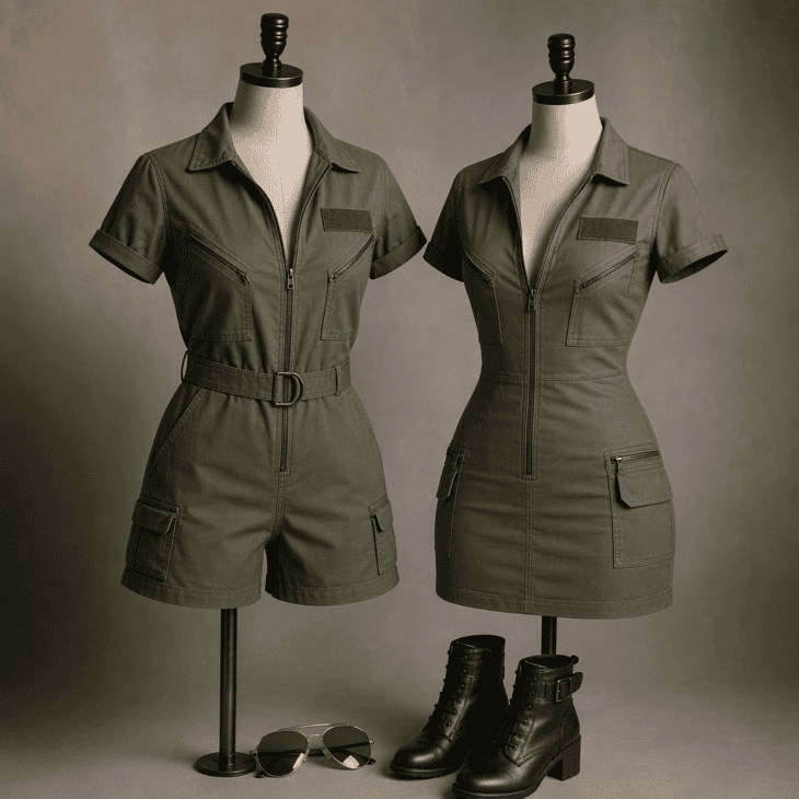 Romper and dress versions keep the flight suit look but trade coverage for comfort.