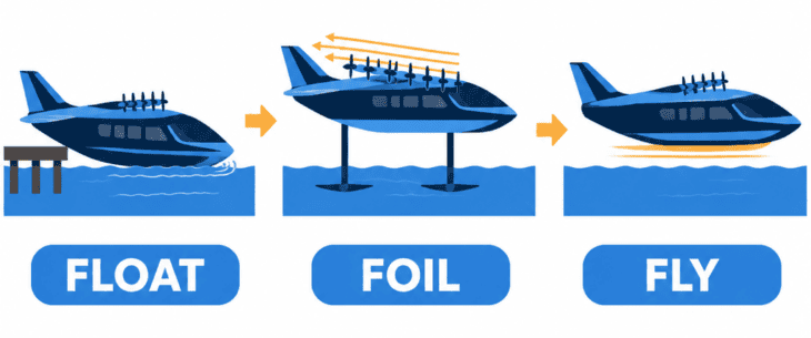 The seaglider's three modes: it floats in harbor, rises onto hydrofoils as it accelerates, then lifts into ground effect.