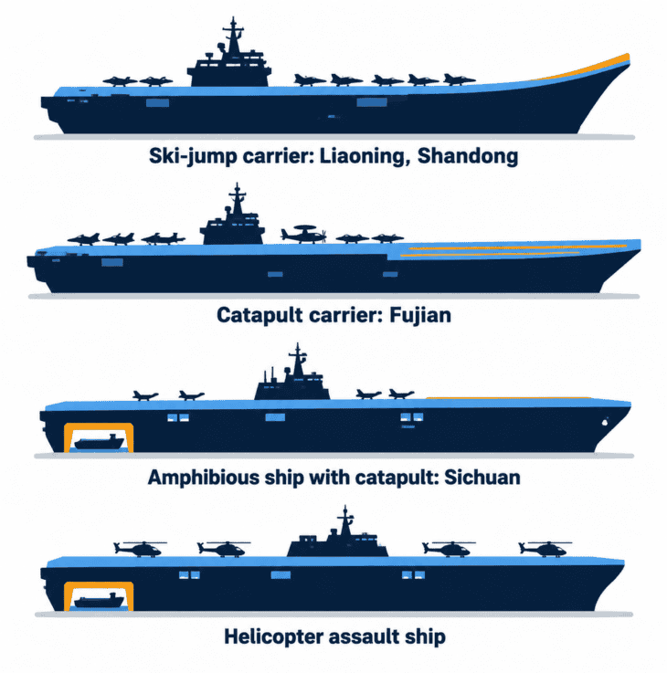 China's four kinds of flat-deck warship: only the top two are counted as aircraft carriers.