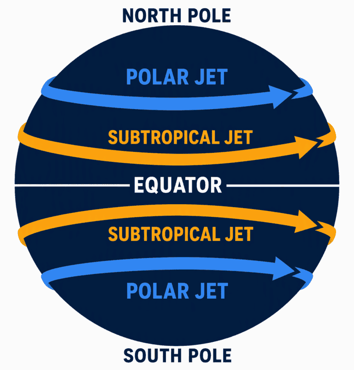Four major jet streams circle the planet, two polar and two subtropical.