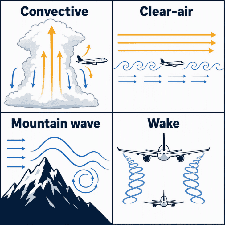 The four main sources of turbulence at altitude: storms, jet stream wind shear, mountain waves and the wakes of other aircraft.