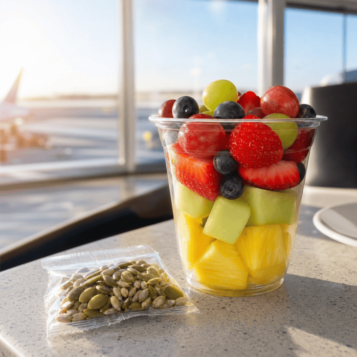 A colorful fruit cup becomes more satisfying with a separate portion of crunchy seeds.