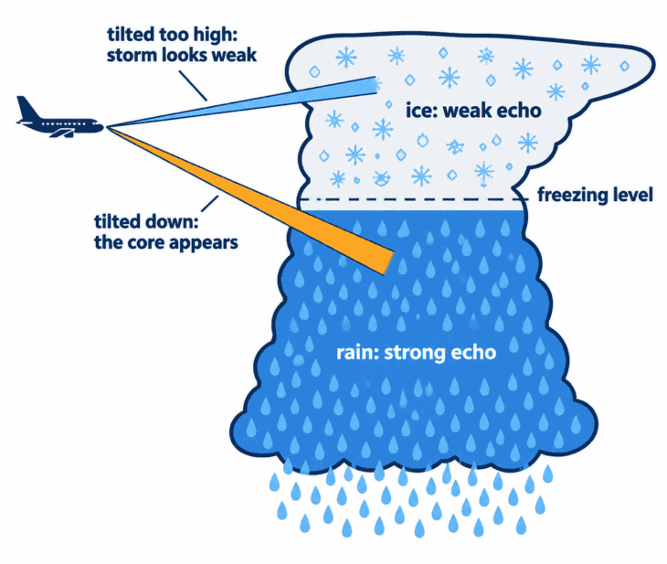 With the antenna tilted too high, the radar beam passes through a storm's frozen top and the storm can look weak or vanish from the display.