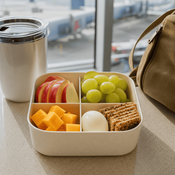 A divided breakfast box offers fruit, protein, and crunch in small manageable portions.