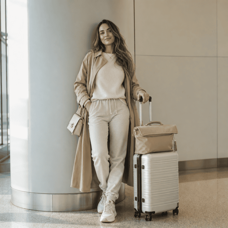 A plain terminal wall is the cleanest backdrop for a head-to-toe travel outfit photo.