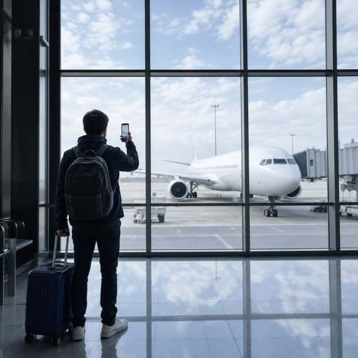 Starting close and pulling back to the full gate window gives the aircraft a proper reveal.