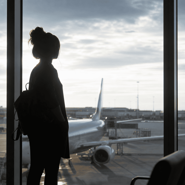 Exposing for the bright window turns the traveler into a clean silhouette against the tarmac.