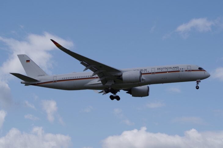 German Air Force Airbus A350-941ACJ, serial 10+01, named Konrad Adenauer, on approach to Berlin Schoenefeld
