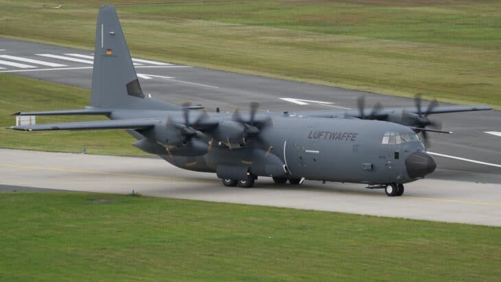 German Air Force Lockheed Martin C-130J-30 Super Hercules, serial 55+02, taxiing at Hannover Airport