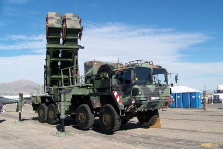 Launcher of a German Patriot surface-to-air missile system with four missile canisters raised