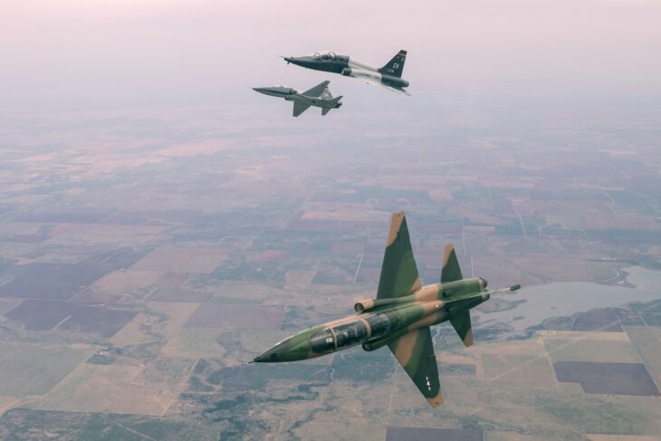 Three Northrop T-38C Talons of the Euro-NATO Joint Jet Pilot Training programme in formation above Wichita Falls, Texas