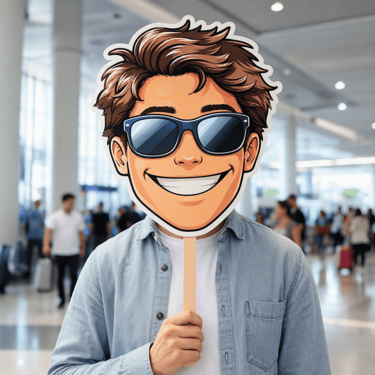 A big-head cutout is the funniest way to be spotted in a crowded arrivals hall.